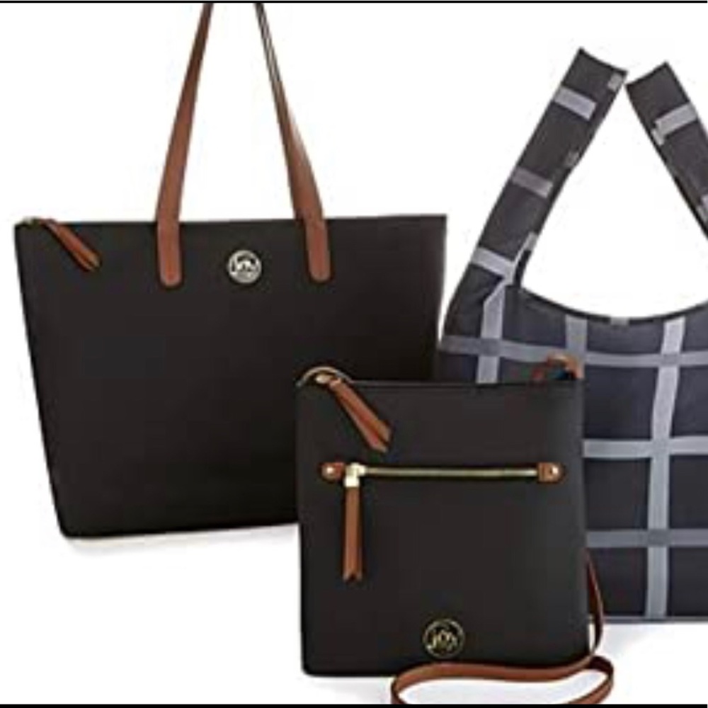 Joy & Iman Elegant Black Leather Tote and Crossbody Bag with Satin Shopping Bag